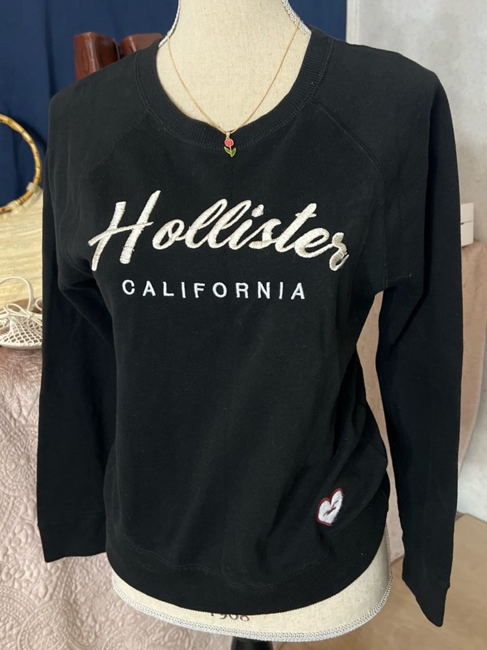 Hollister Black Crew Sweatshirt with White Script and Red-Outlined Heart